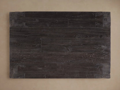 Close-up of Ubud Coffee Table in dark Shou Sugi Ban reclaimed teak, showing thick, textured wood grain and block construction.