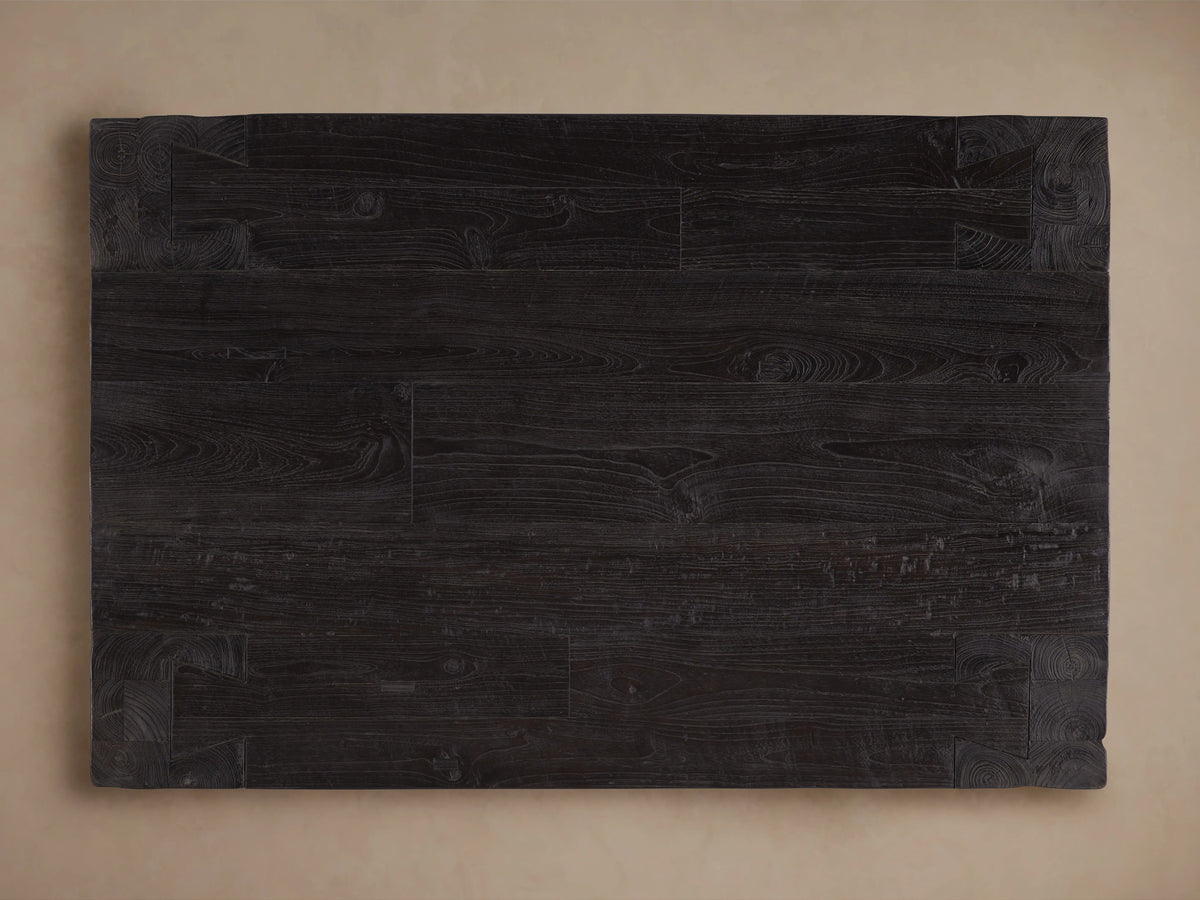 Rectangular Ubud Coffee Table top, made from dark, textured reclaimed teak wood with a Shou Sugi Ban finish and visible grain.