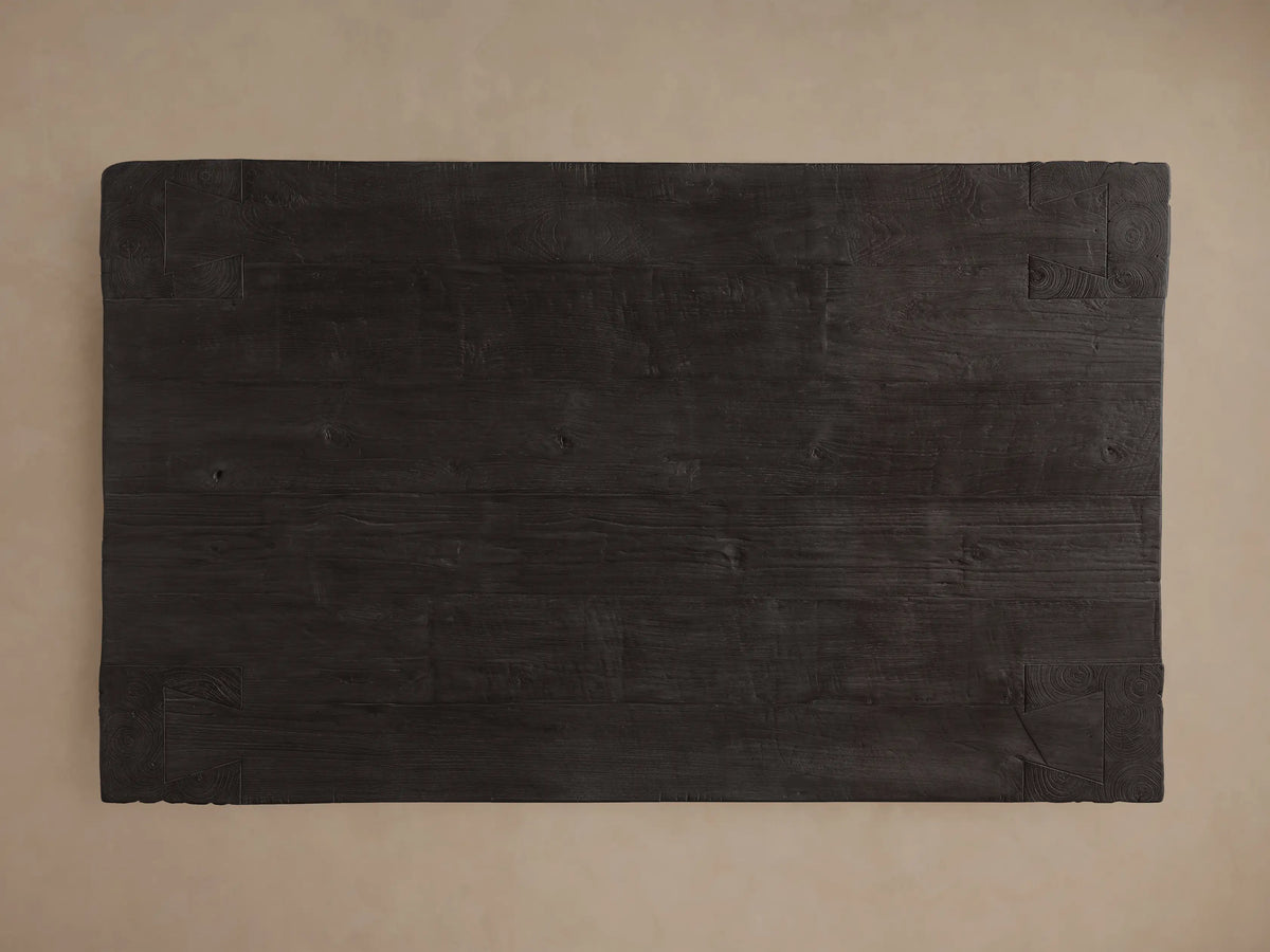 Ubud Coffee Table corner, dark Shou Sugi Ban reclaimed teak wood, textured with visible grain and sturdy joint.