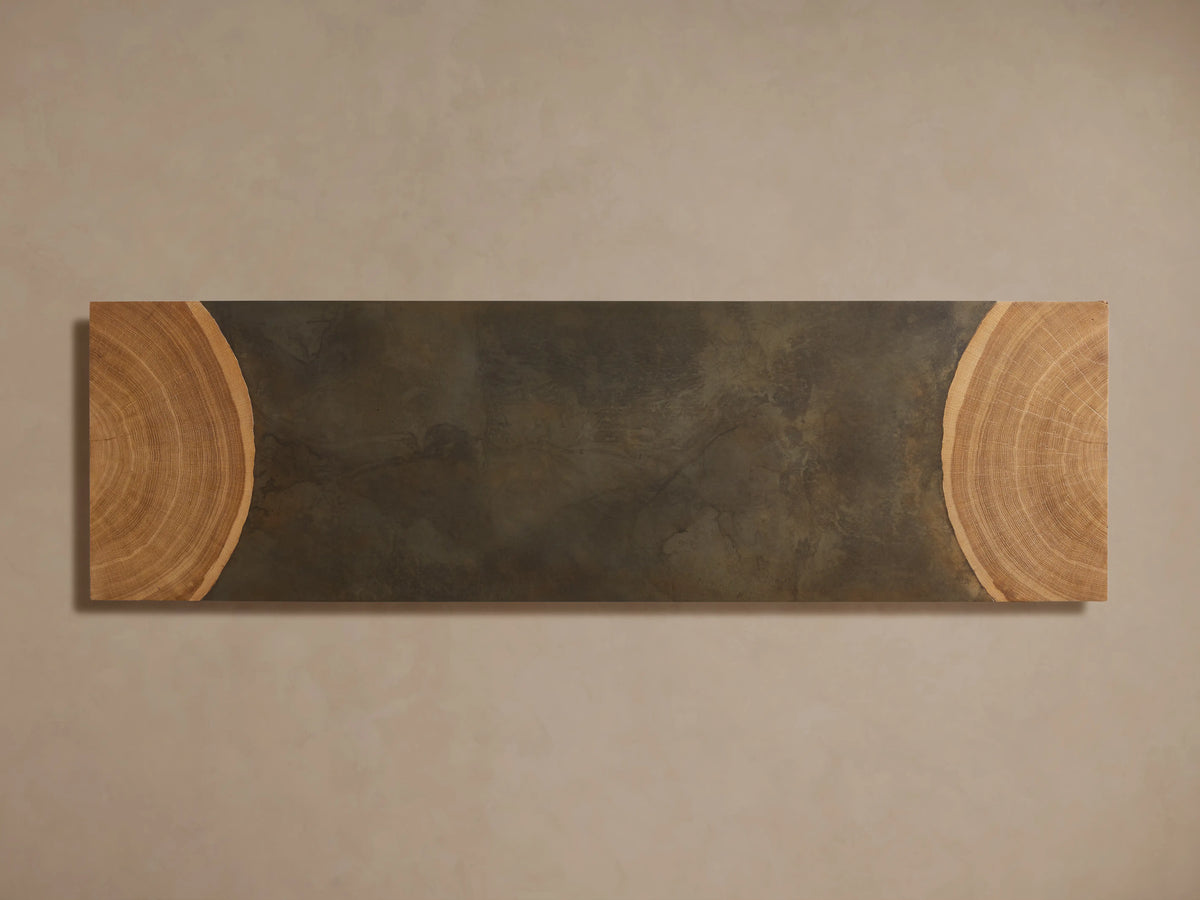 Acacius Console Table corner showing a blend of brown reclaimed wood and gray steel, with a smooth, weathered finish.