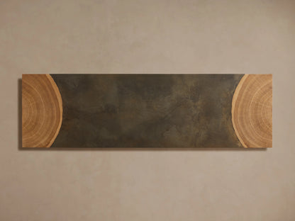 Acacius Console Table corner showing a blend of brown reclaimed wood and gray steel, with a smooth, weathered finish.