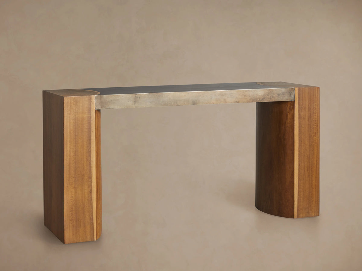 Acacius Console Table with a rectangular top featuring oxidized steel center and circular wood grain patterns on each end.
