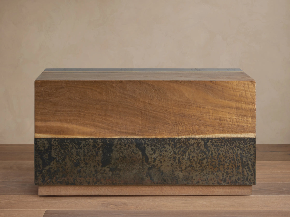 Acacius End Table made from reclaimed yukas veneers and oxidized steel. Rectangular, wood grain top, darker textured base.