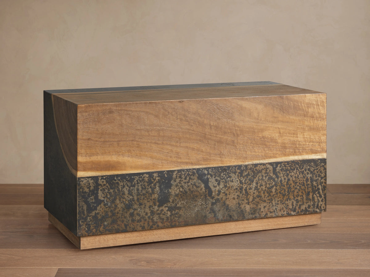 Acacius End Table made from reclaimed yukas veneers and oxidized steel. Rectangular, wood grain top, darker textured base.