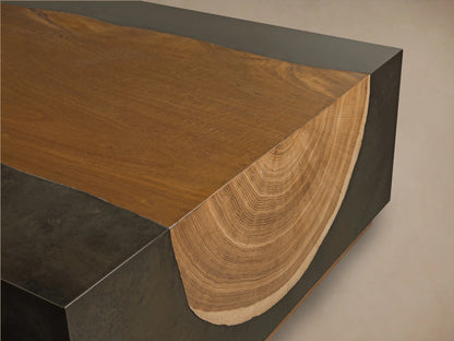 Acacius Long Coffee Table with dark, textured oxidized steel body, natural wood top and base, and curved wood detail, angled view.