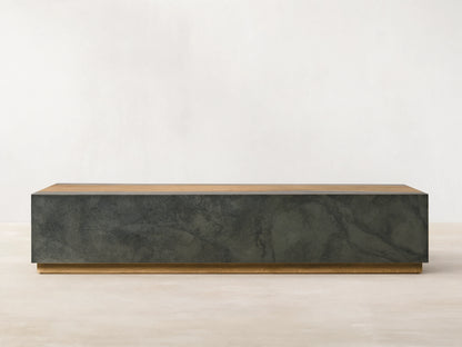 Acacius Long Coffee Table: low, rectangular with dark oxidized steel body and light reclaimed yukas wood top and base.