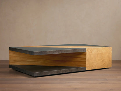 Front view of Almeria Coffee Table with dark oxidized steel top, diagonal guanacaste wood inlay, and wood block end.