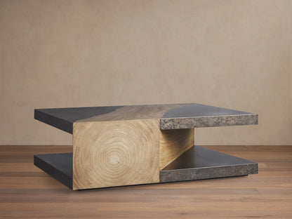 Almeria Coffee Table with a rectangular shape, featuring guanacaste wood and oxidized steel. Steel panels show a distressed patina.