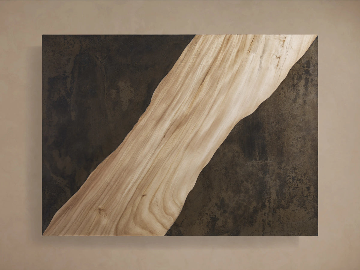 Almeria Coffee Table featuring a layered wood and steel design, with a natural wood grain pattern and distressed steel finish.