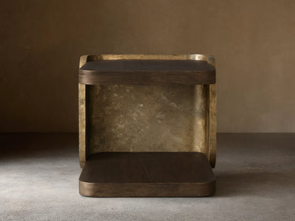 Alvaro End Table: dark brown spalted wood top/base, weathered aluminum sides with mottled gold patina. Front view.