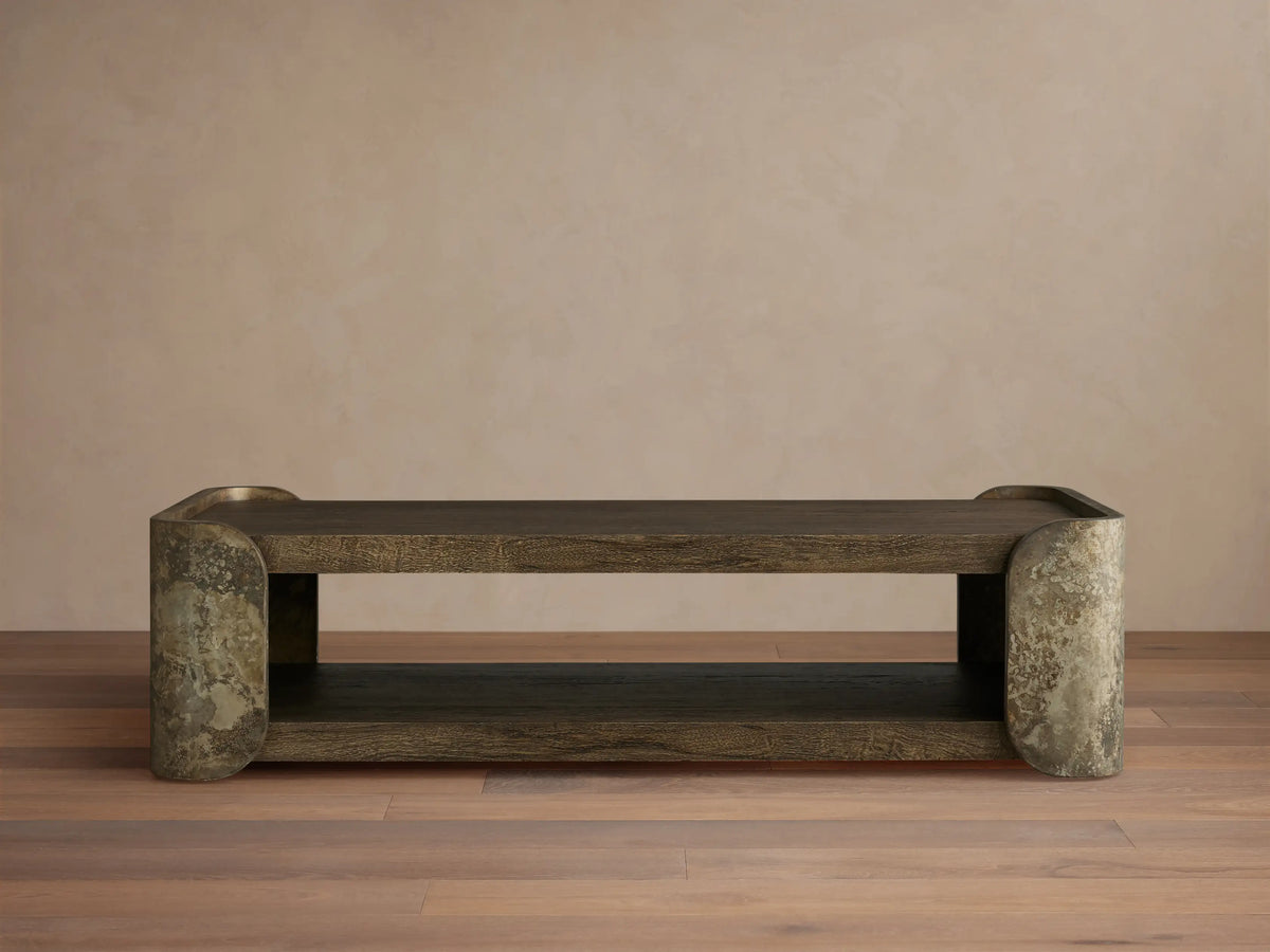Alvaro Coffee Table: dark spalted primavera wood top & shelf, with weathered green/gray aluminum rounded ends.