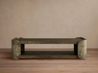 Alvaro Coffee Table: dark spalted primavera wood top & shelf, with weathered green/gray aluminum rounded ends.
