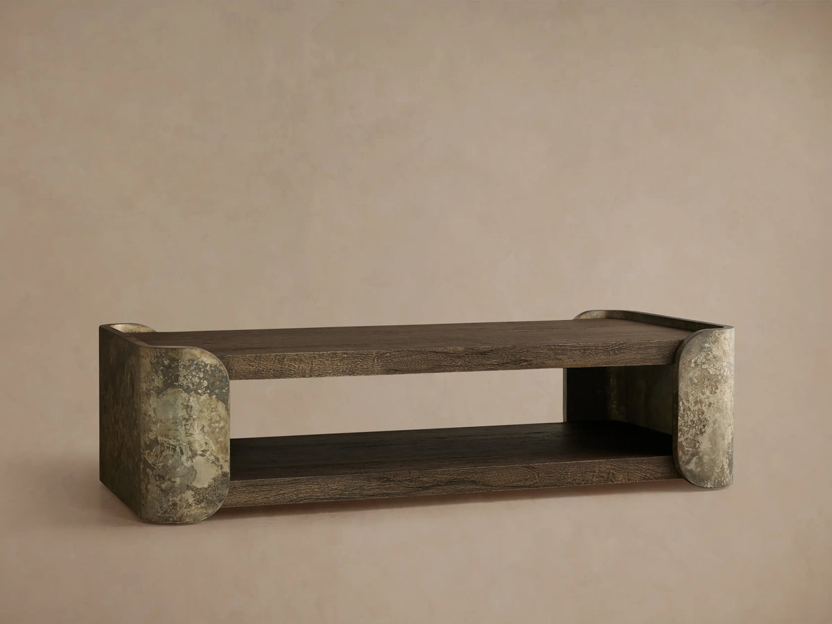 Alvaro Coffee Table: dark spalted primavera wood top & shelf, with weathered green/gray aluminum rounded ends.