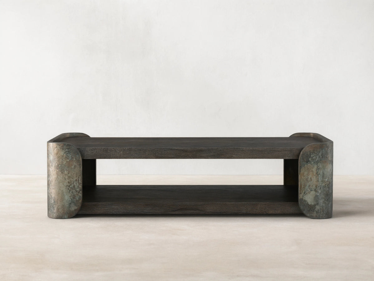Alvaro Coffee Table: dark spalted primavera wood top & shelf, with weathered green/gray aluminum rounded ends.