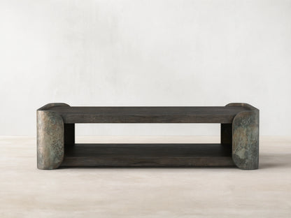 Alvaro Coffee Table: dark spalted primavera wood top & shelf, with weathered green/gray aluminum rounded ends.