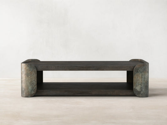 Alvaro Coffee Table: dark spalted primavera wood top & shelf, with weathered green/gray aluminum rounded ends.