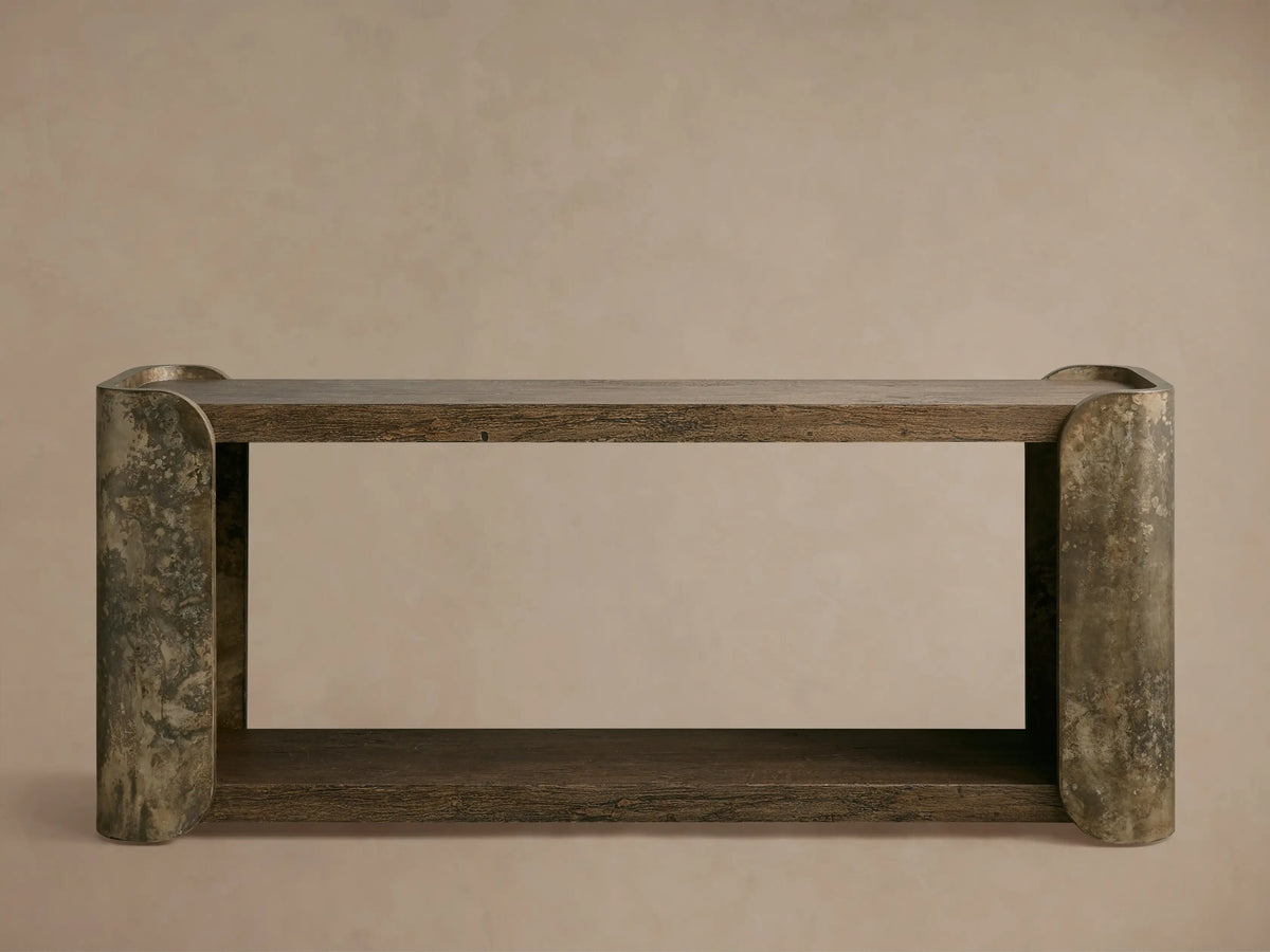 Alvaro Console Table, dark, distressed salvaged primavera wood with weathered aluminum panels.