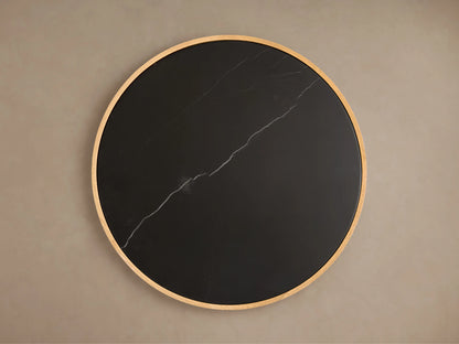 Astor Round End Table with natural marble stone top in black, featuring a light wood base wrapped in solid oak reeds.
