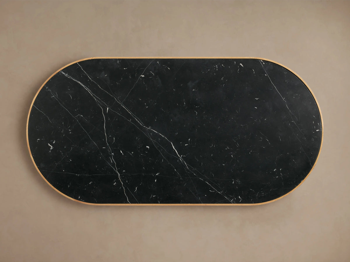 Astor Coffee Table with round black marble top and natural wood veneer base wrapped in vertical solid oak reeds.