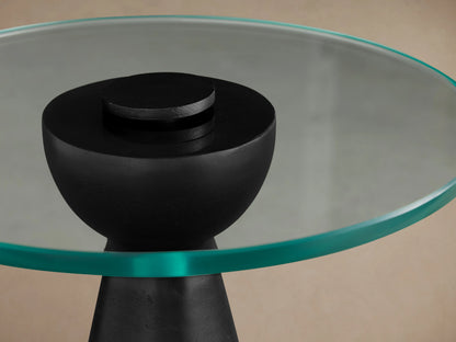 Aerial view of Beaufort Glass Top Martini Table with a circular clear glass top and a dark center base, set against a neutral background.