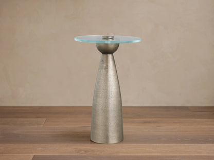 Beaufort Glass Top Martini Table with a clear round glass top on a conical, textured nickel-finished metal base.
