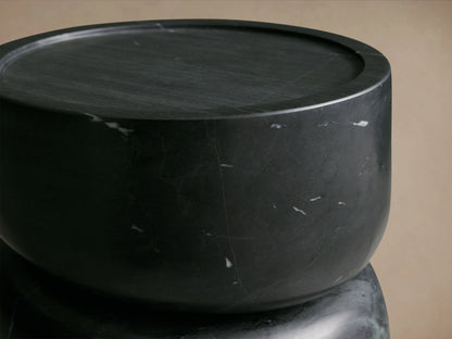 Mayer Martini Table, handcrafted from black stone with natural veining, features a modern column design and smooth tabletop.