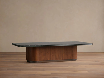 Caden Coffee Table with rectangular Black Marquina stone top, rounded walnut wood veneer base, and antique bronze plinth.
