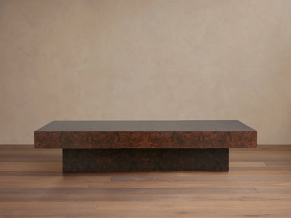 Cinzia Burl Coffee Table top view showing intricate walnut burl wood veneer with symmetrical, bookmatched patterns and rich brown tones.
