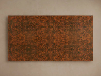 Cinzia Burl Coffee Table showcasing a rich walnut burl wood veneer with intricate bookmatched patterns and a low-profile, plinth-style base.