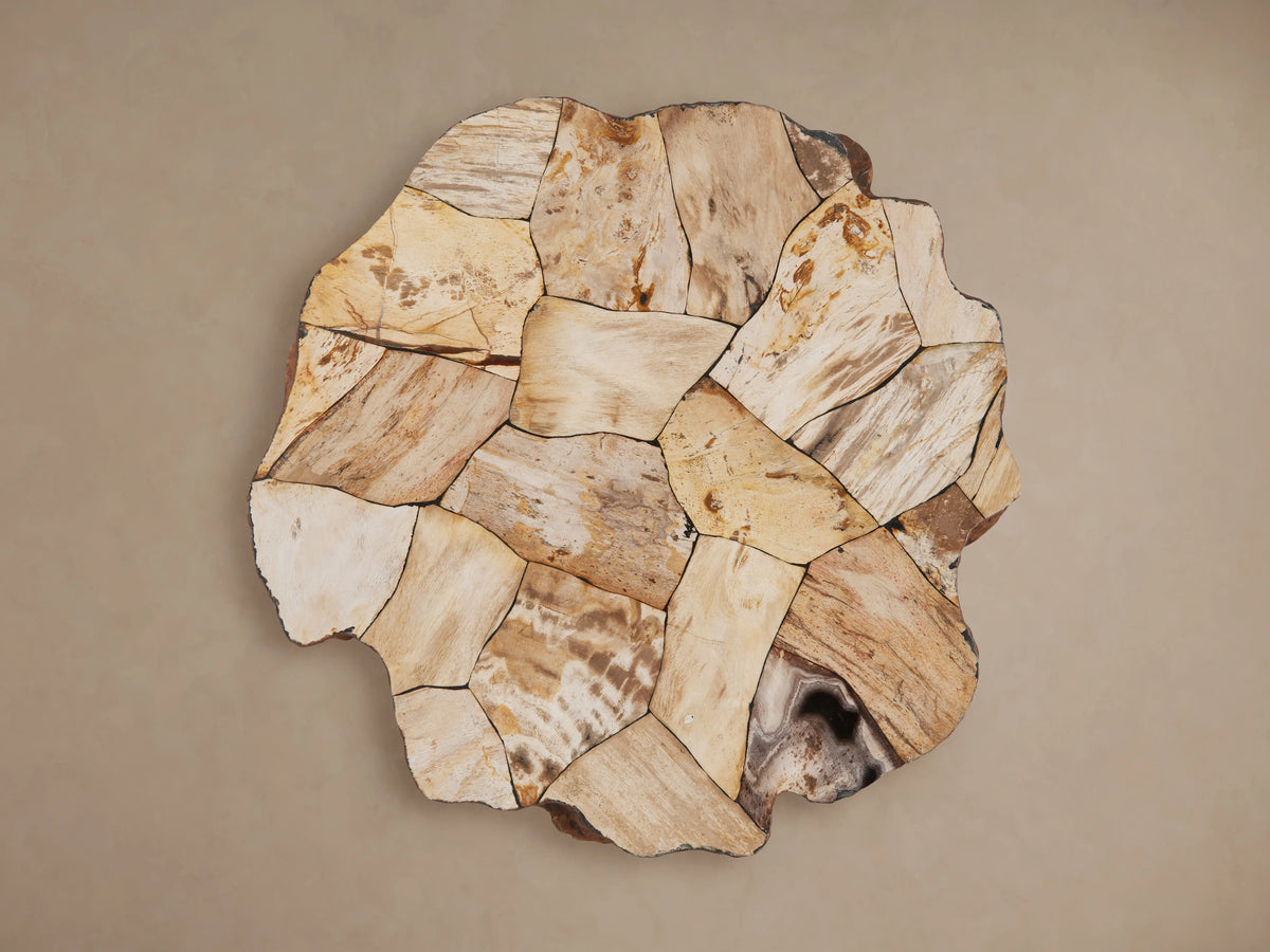 Top view of the Clayhill Tapered End Table featuring a unique mosaic pattern of petrified wood pieces in earthy tones.
