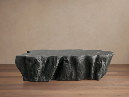 Clayhill Coffee Table with a dark petrified wood surface. The table has an irregular, sculptural form with textured sides, on a wooden floor.