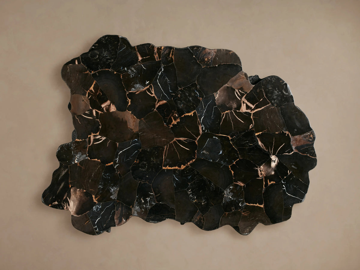 Clayhill Coffee Table in dark petrified wood with an irregular, organic shape, polished surface, on a wooden floor.
