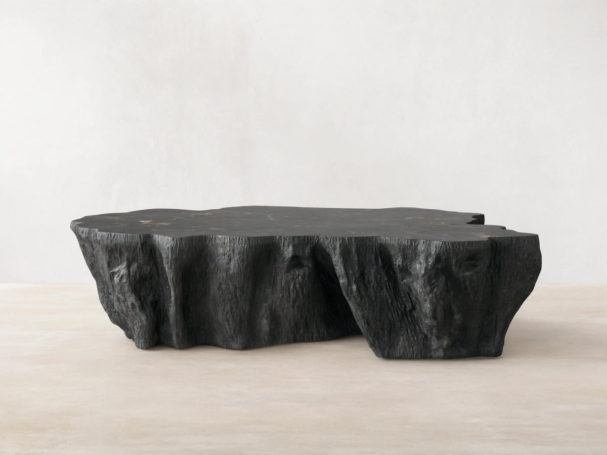 Clayhill Coffee Table with a dark petrified wood surface. The table has an irregular, sculptural form with textured sides, on a wooden floor.