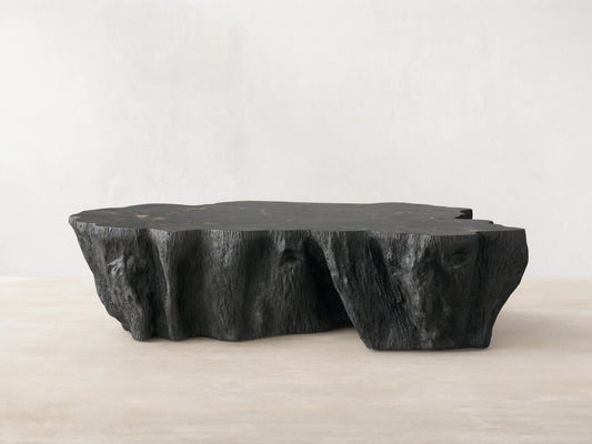 Clayhill Coffee Table with a dark petrified wood surface. The table has an irregular, sculptural form with textured sides, on a wooden floor.