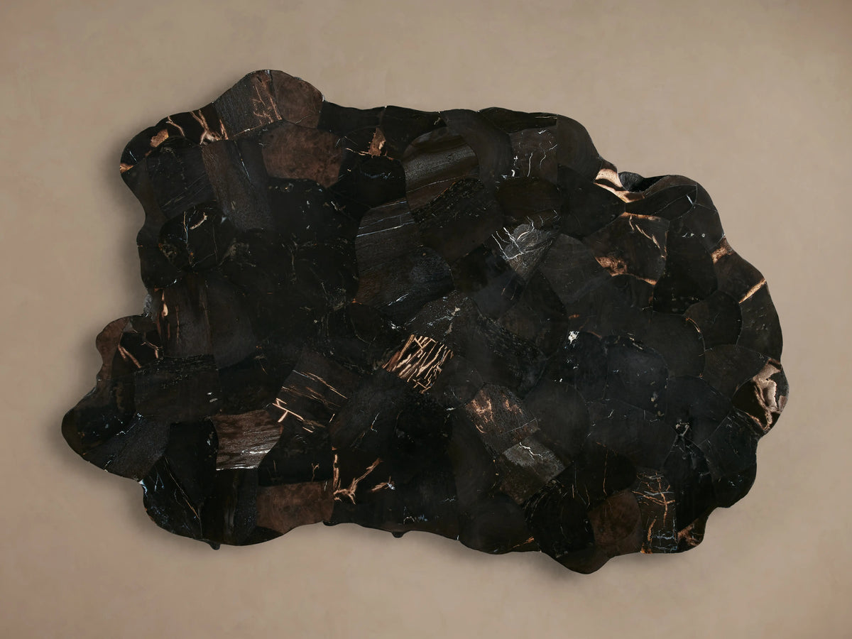 Clayhill Coffee Table with dark petrified wood top, unique grain patterns, polished with epoxy, textured edges, artisan-crafted.