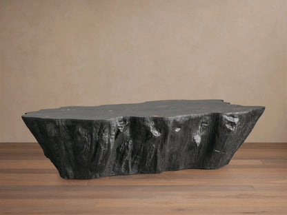 Clayhill Coffee Table made from dark petrified wood with organic texture, irregular edges, and a polished surface on a wooden floor.