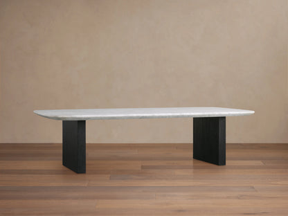 Saint Germain coffee table with a rectangular Carrara marble top, featuring light gray veining on a neutral background, viewed from above.