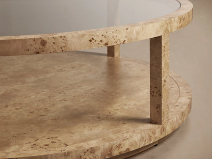 Corey Round Coffee Table with natural mappa burl wood pattern, featuring two shelves and a book-matched design for visual texture.