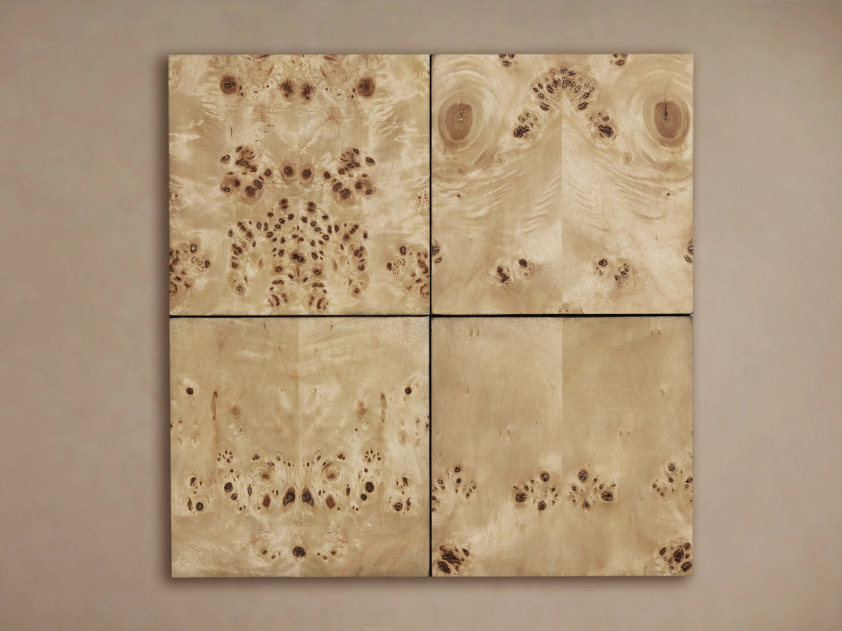 Corey Round Coffee Table in light brown mappa burl wood finish, with circular top and lower shelf connected by vertical supports.