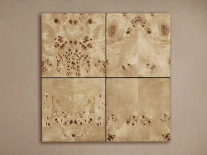 Corey Round Coffee Table in light brown mappa burl wood finish, with circular top and lower shelf connected by vertical supports.