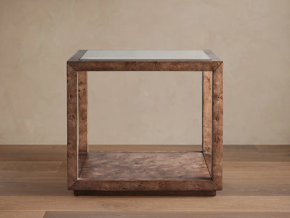 Mappa burl Corey End Table with clear glass top, open cube frame, and lower shelf, featuring rich swirled wood grain.