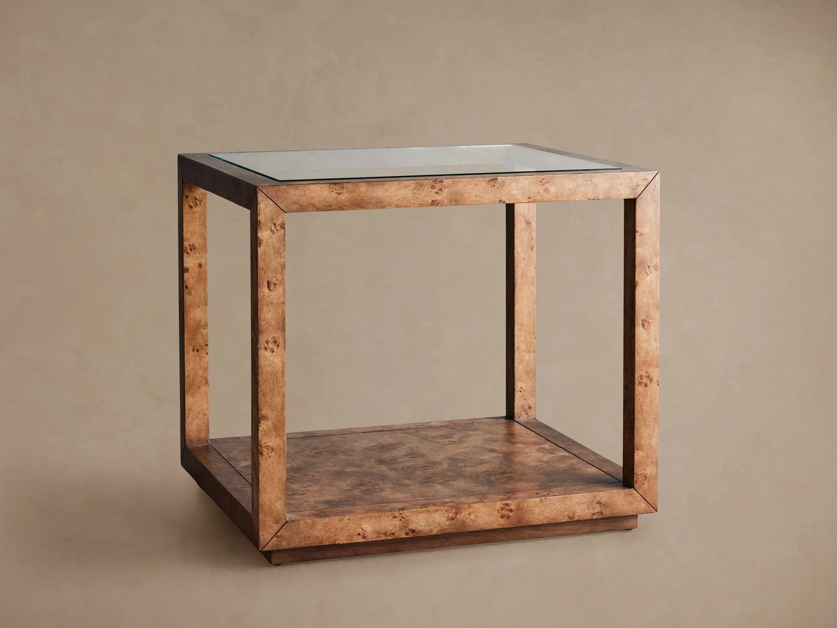 Mappa burl Corey End Table with clear glass top, open cube frame, and lower shelf, featuring rich swirled wood grain.