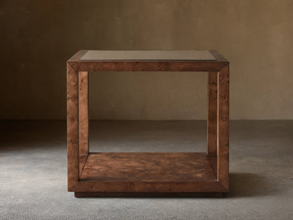 Mappa burl Corey End Table with clear glass top, open cube frame, and lower shelf, featuring rich swirled wood grain.