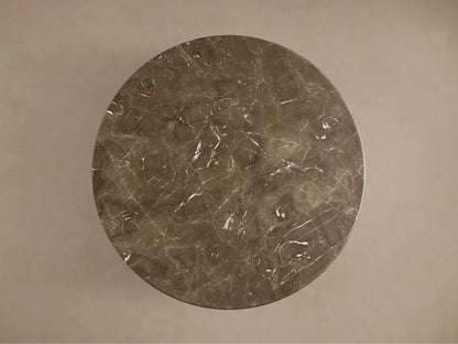 Top-down view of the espresso brown stone Saint Germain Round Coffee Table with Dauphine Base, showing white veining.