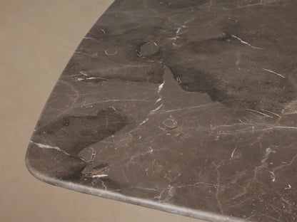 Front view of Saint Germain Stone Coffee Table with Dauphine Base, dark stone top with rounded corners, two light oak veneer bases.