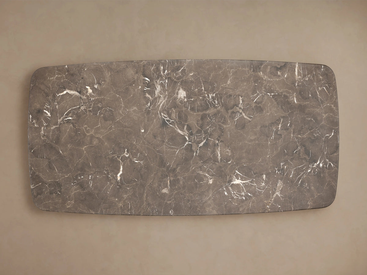 Rectangular stone tabletop in espresso brown with natural white veining and swirling patterns, showcasing unique mineral deposits.