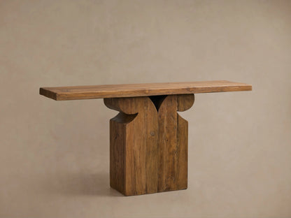 Front view of the warm brown Dumai Console Table, made from reclaimed teak with a curved wall-mounted support.