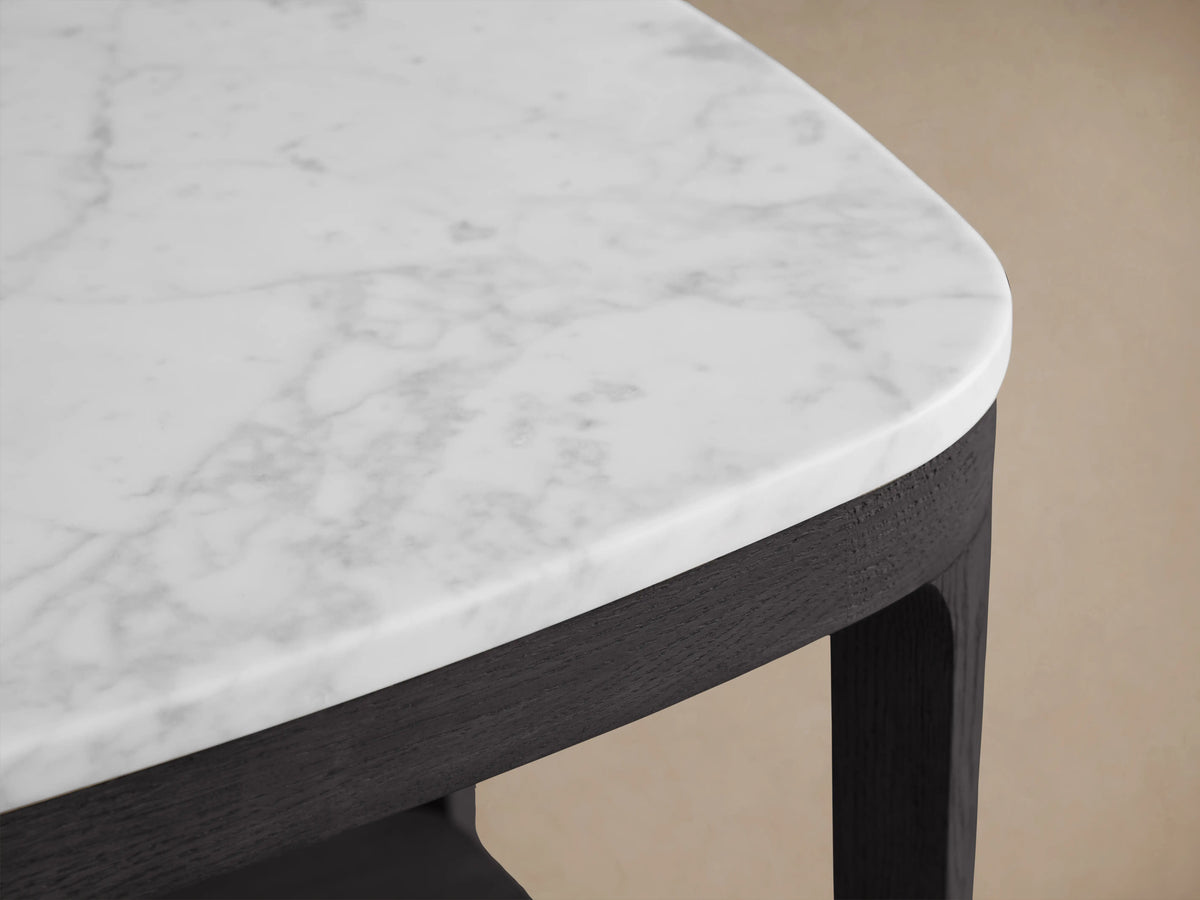 Danny End Table with a white Carrara marble top, displaying natural veining, crafted from dark ebony-finished oak wood.