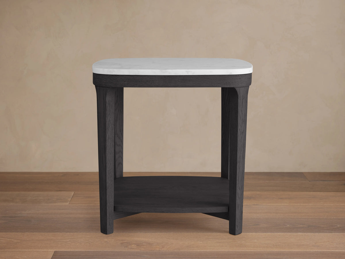 Danny End Table with rectangular white marble top and dark ebony-finished oak base, featuring a lower shelf.