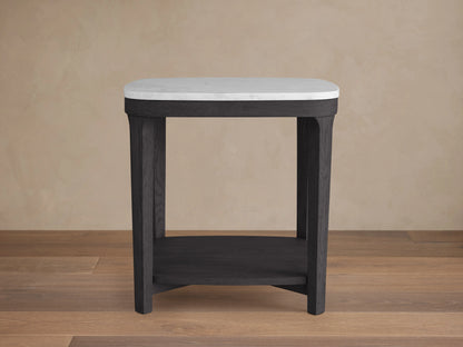 Danny End Table with rectangular white marble top and dark ebony-finished oak base, featuring a lower shelf.